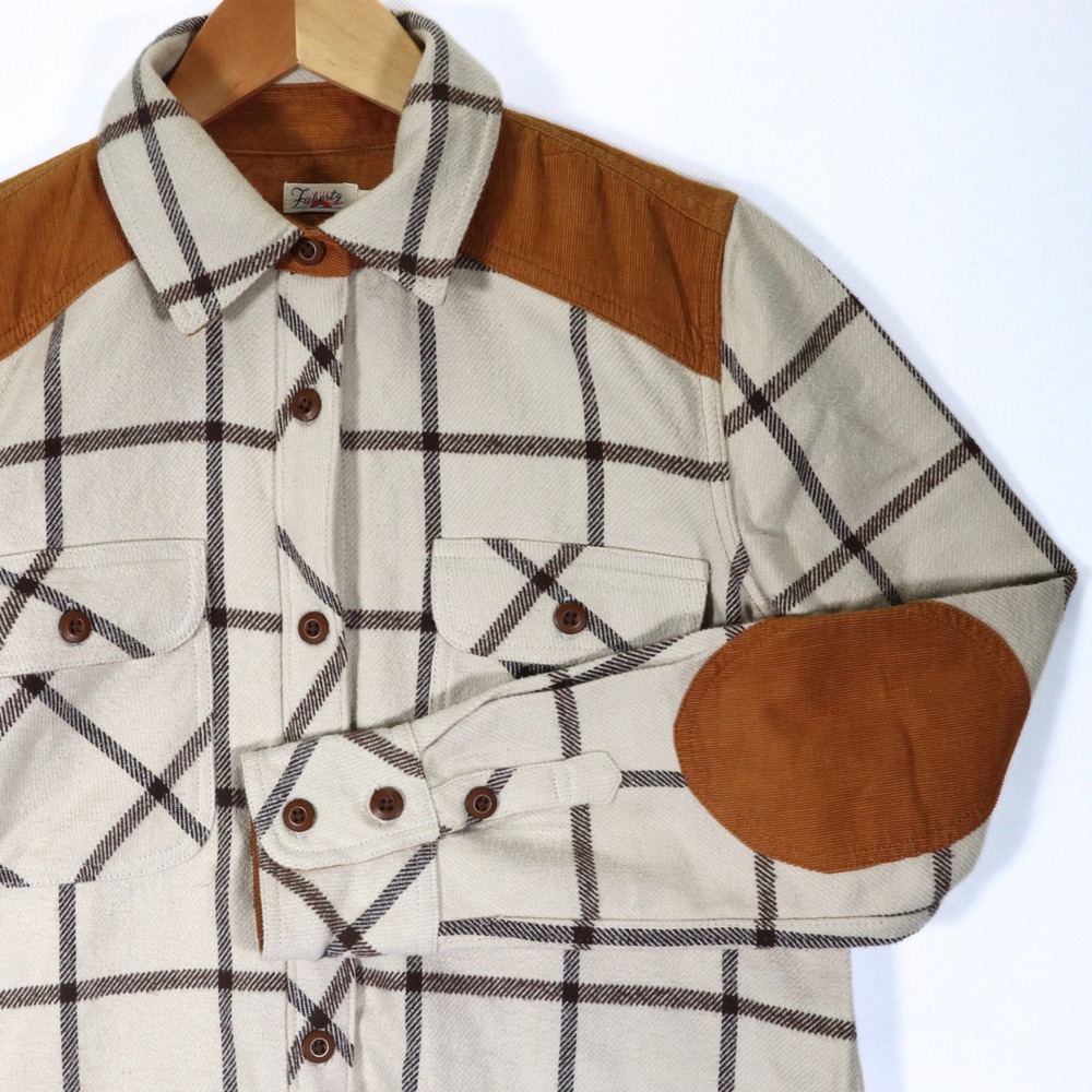 Faherty Flannel Shirt Womens XS Beige Plaid Corduroy Elbow Patch Casual Outdoor